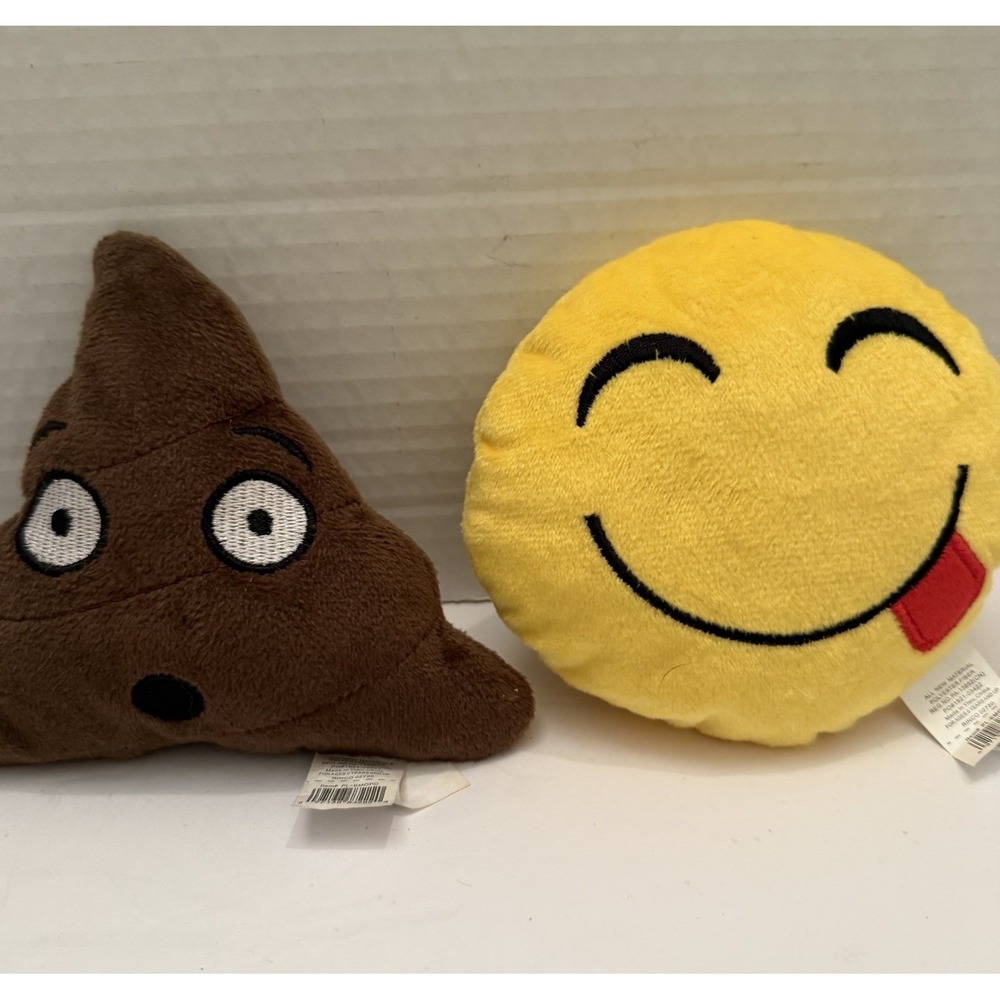 2 Emoji Plushes-5.5" Wide 5" Tall Poop Emoji & 4.4" Smiley Face W/ Tongue